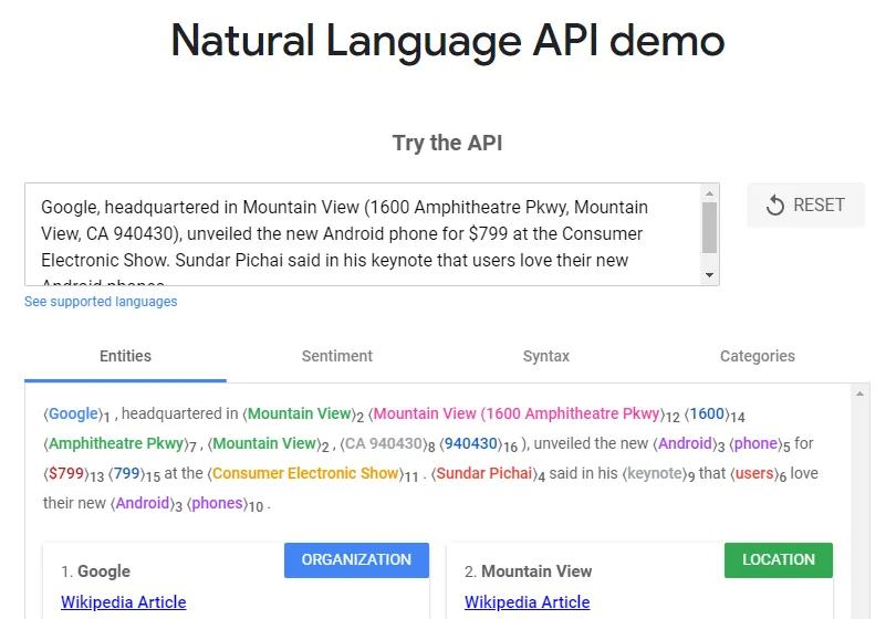 Natural Language API Demo screenshot example.