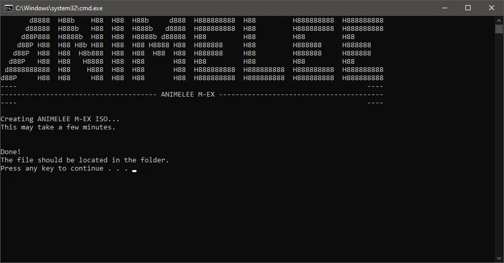 Animelee m-ex terminal screenshot.