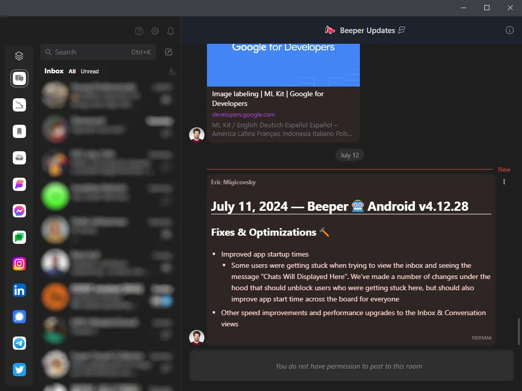 Beeper desktop app with message thread previews blurred out.