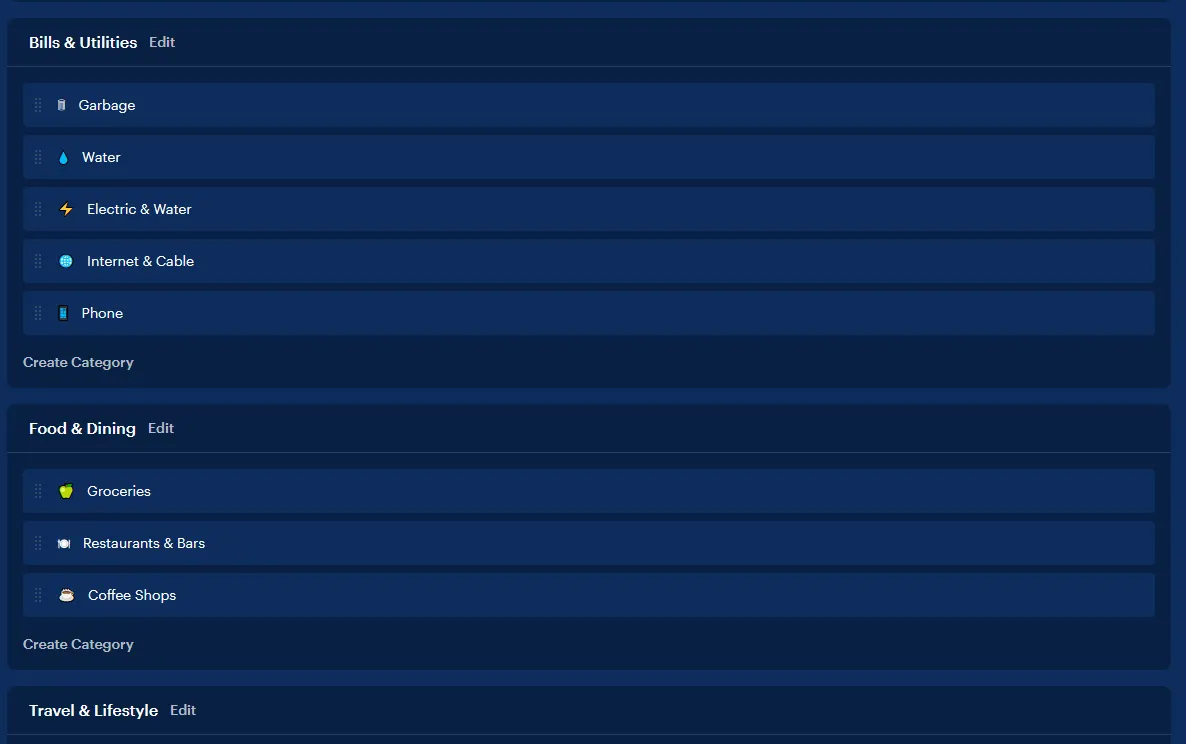 List of categories in Monarch Money.