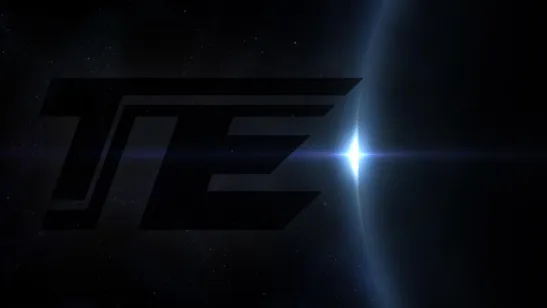 "TE" logo in front of space.