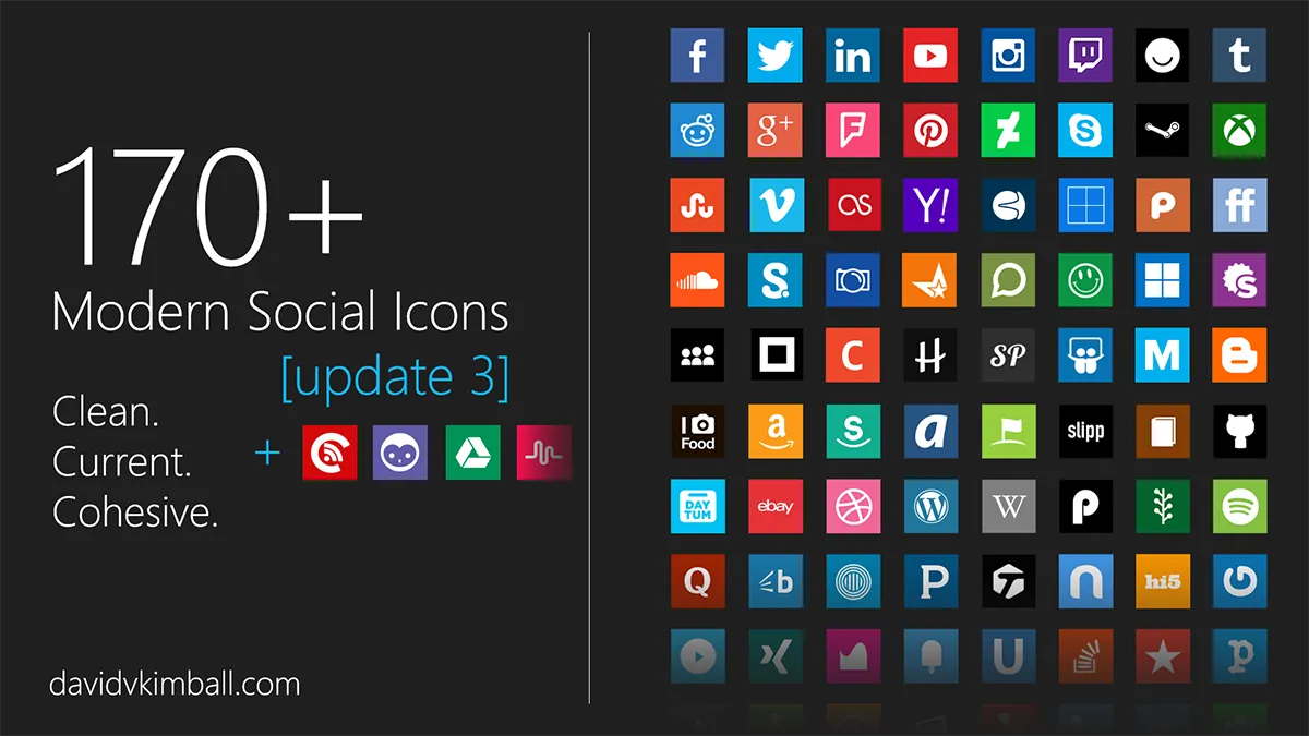 Showcase of social media icons, including the "update 3" text.