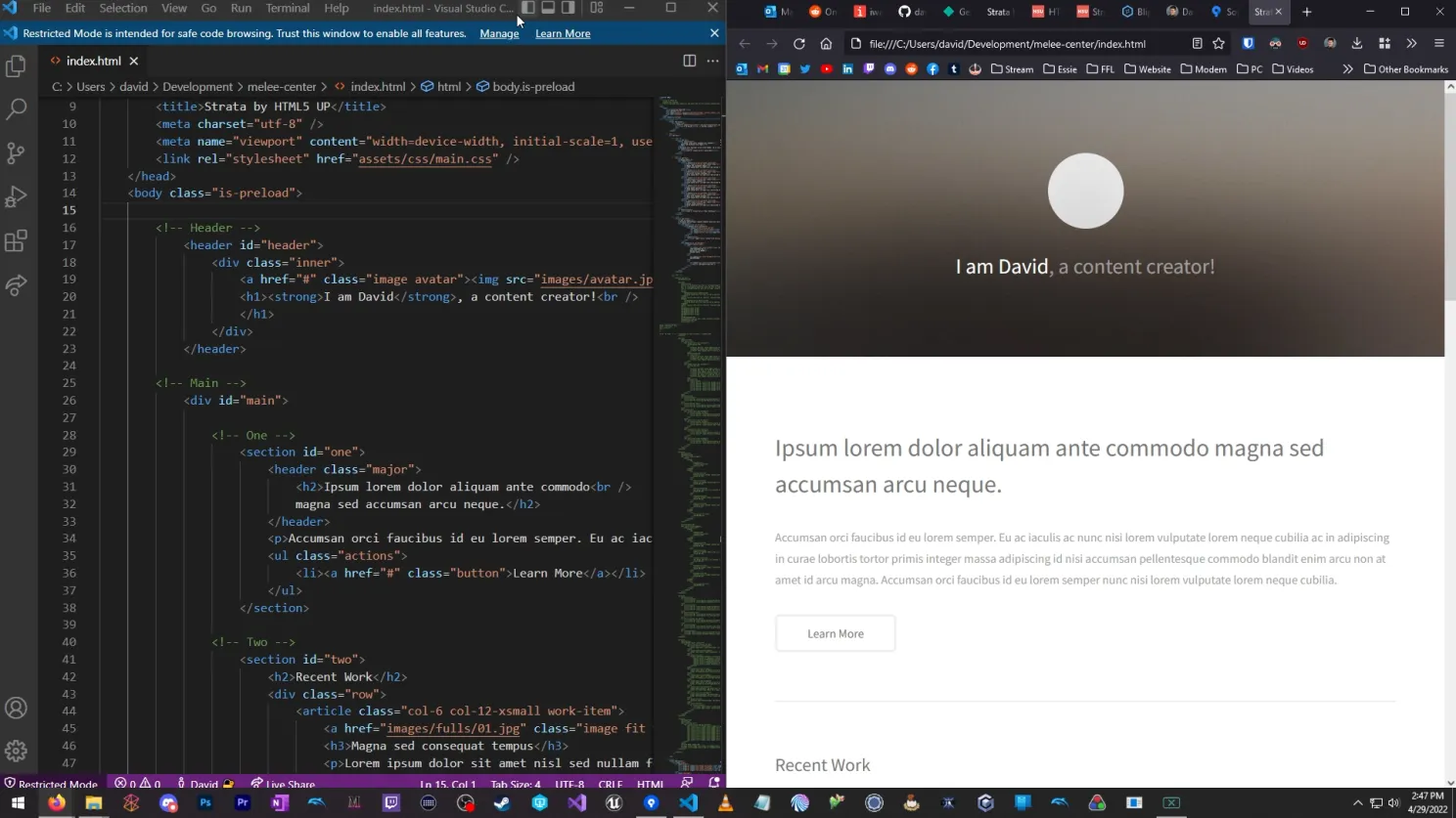 VS Code and browser screenshot.