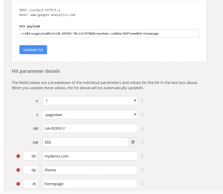 Hit parameter details example screenshot.