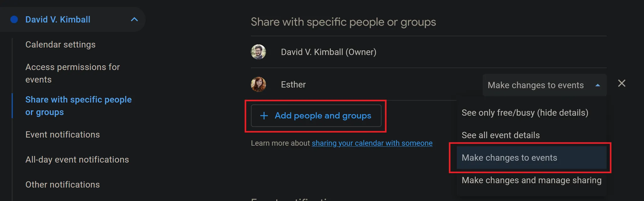 Google Calendar screenshot of sharing with specific people or groups.