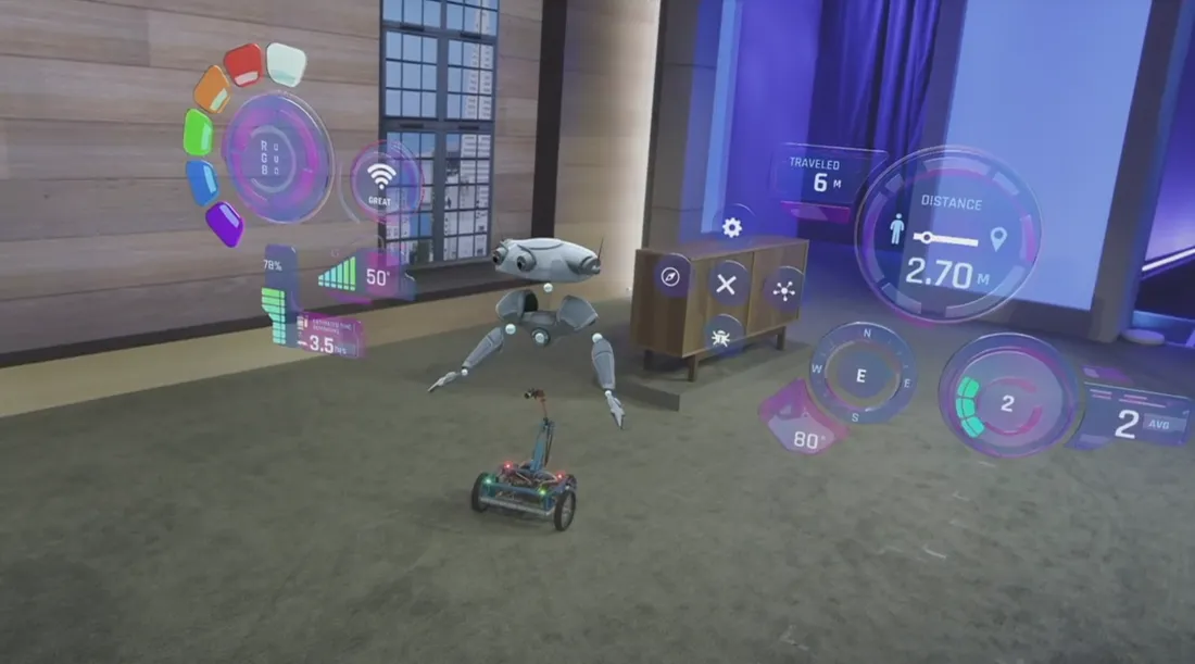 A 3D robot surrounded by flat HUD.