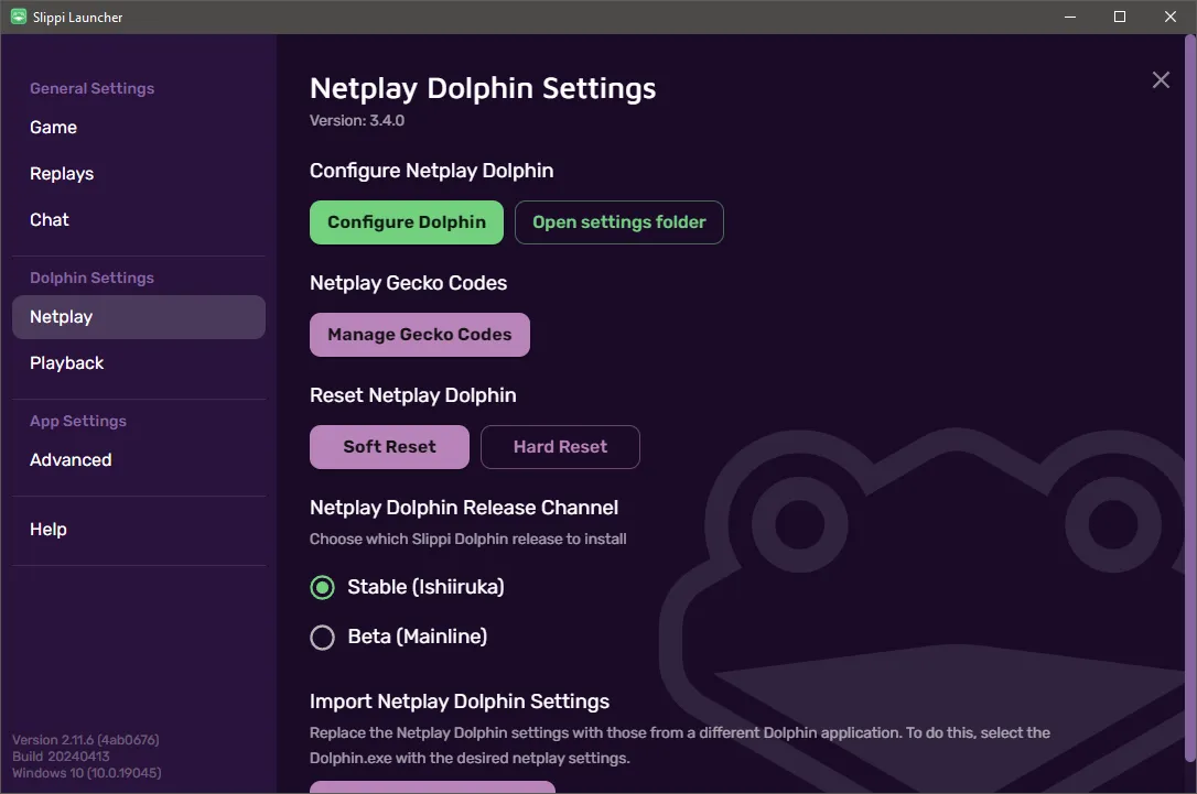 Netplay Dolphin settings in the Slippi Launcher.