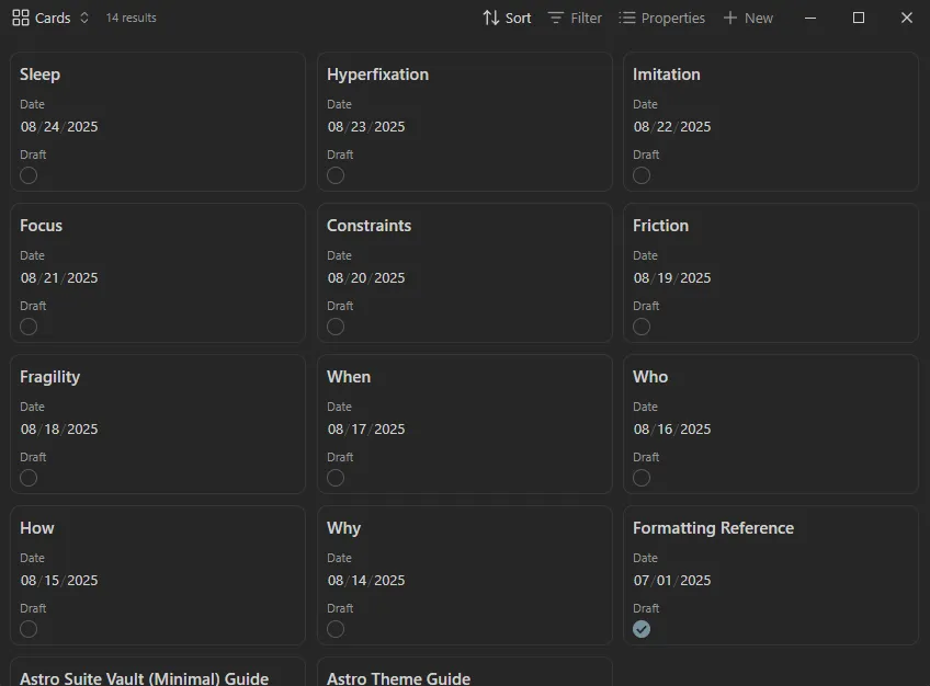 Obsidian base homepage view in the Minimal vault.
