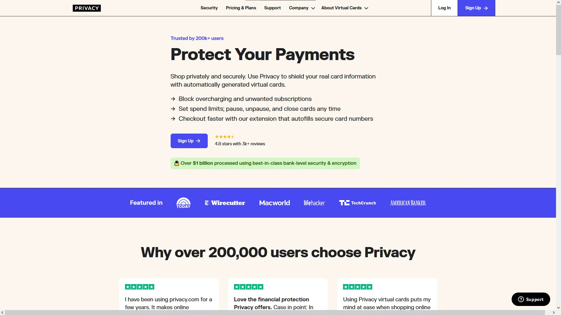 Privacy.com homepage screenshot.