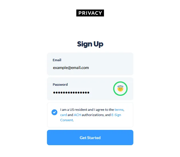 Privacy.com sign up page.