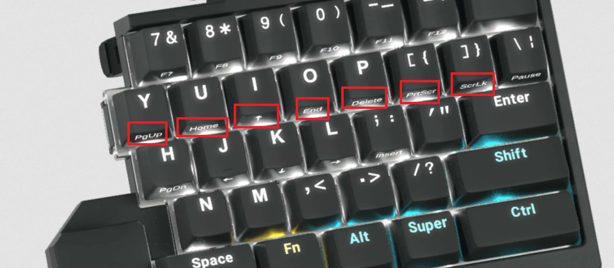 Highlighting Mod layer key functions labels on the sides of the key caps.