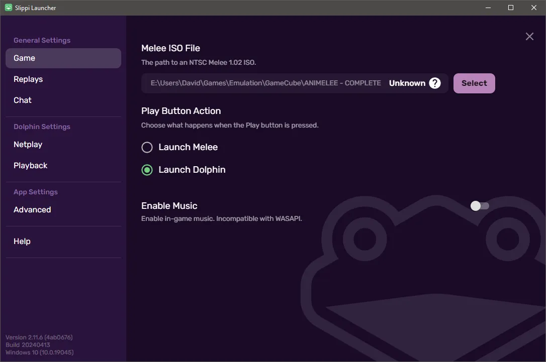 Slippi Launcher &#x27;Unknown ISO&#x27; settings screenshot.