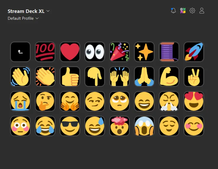 Stream Deck software showing the emoji picker page.