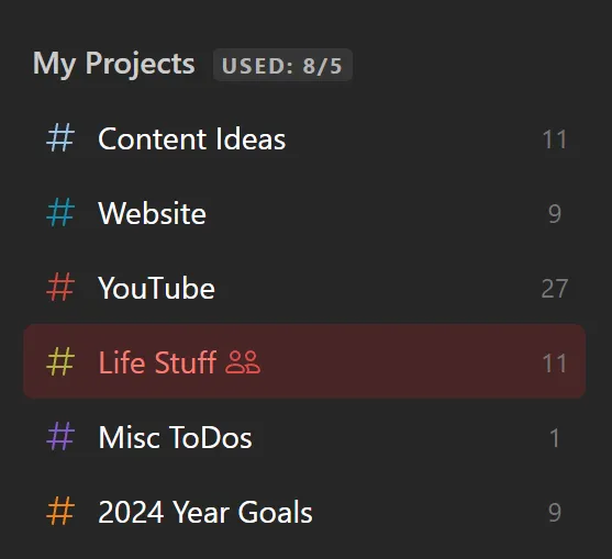 Todoist screenshot of projects.