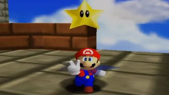 Mario collecting a star in Super Mario 64.