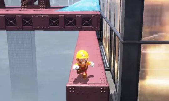 Mario in his builder outfit running around in New Donk City.