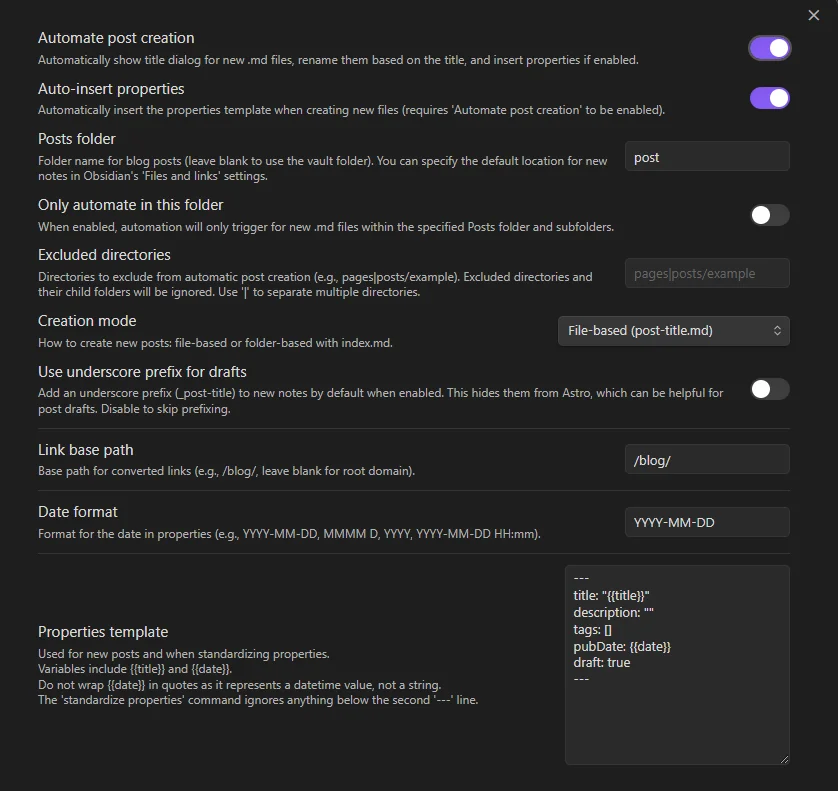 Astro Composer plugin settings page.