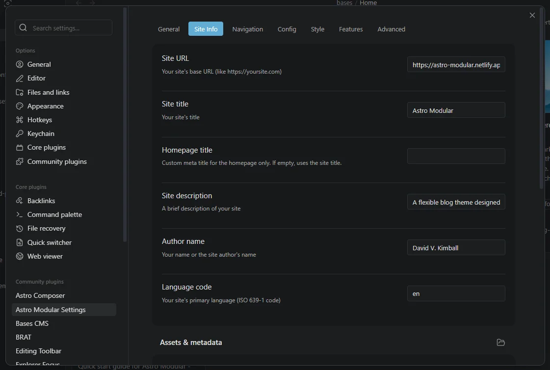 Astro Modular Settings Site Info tab