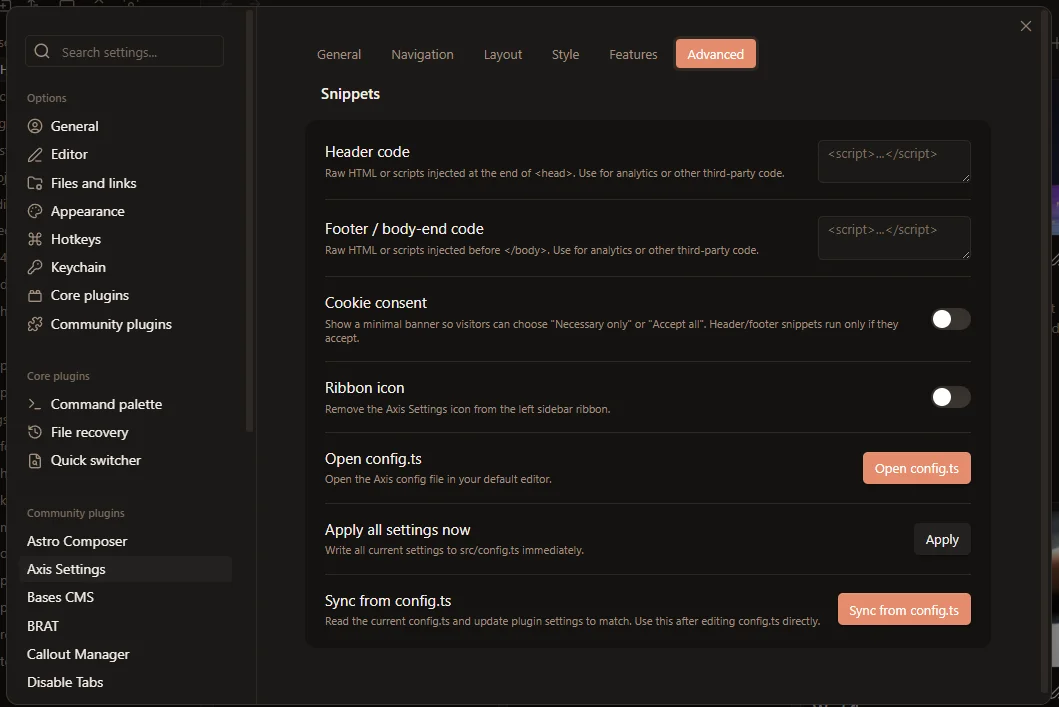 Axis Settings Advanced tab