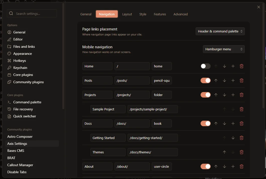 Axis Settings Navigation tab