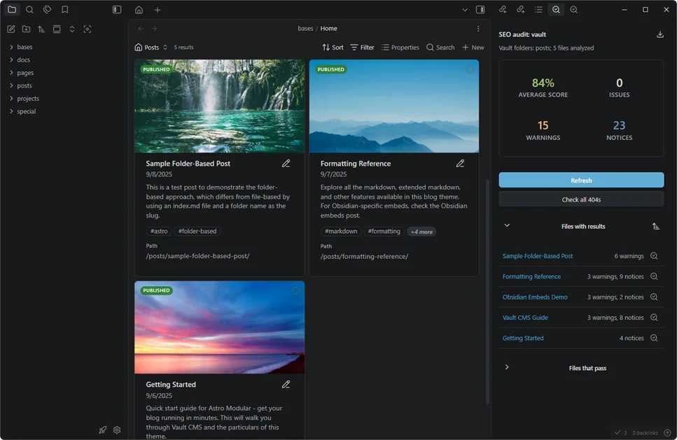 Screenshot of Obsidian using Vault CMS