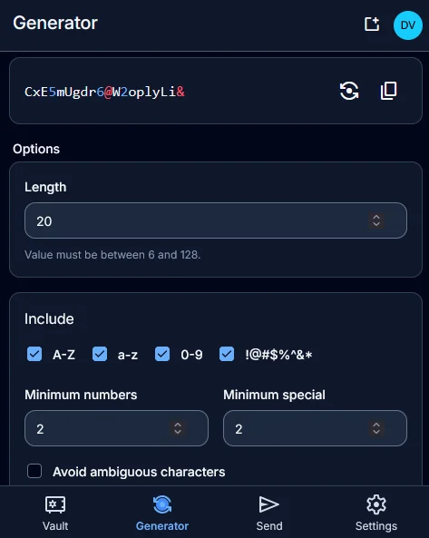 Bitwarden default password parameters