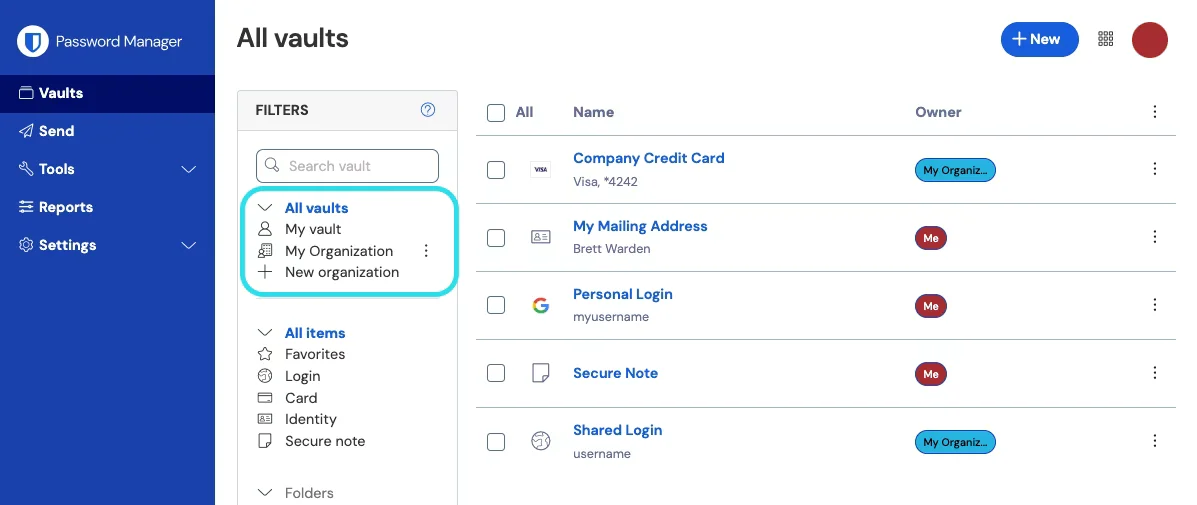 Bitwarden showing organizations