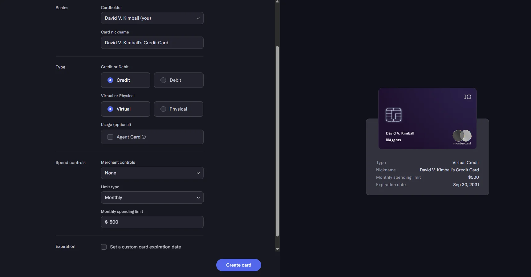 Creating a new virtual card on Mercury with a spending limit