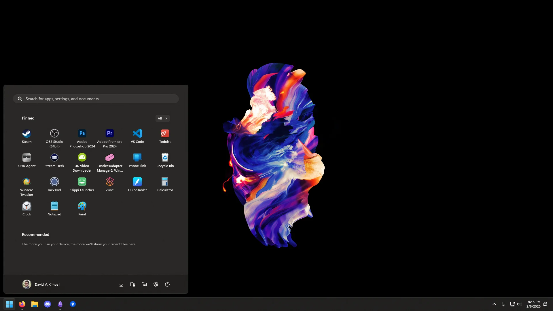 My Windows 11 desktop and start menu. The background wallpaper features artwork by Hampus Olsson, featured in the OnePlus 5 mobile phone.