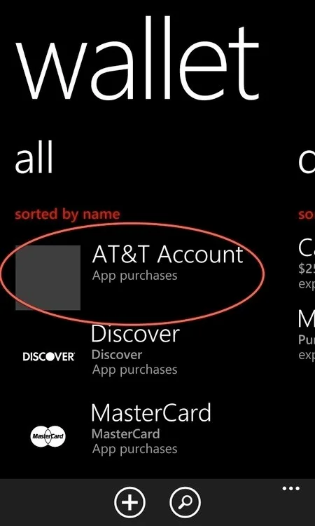 Wallet app with AT&T account listed