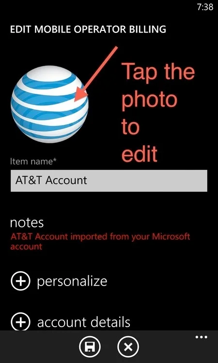 Windows Phone screenshot of AT&T logo