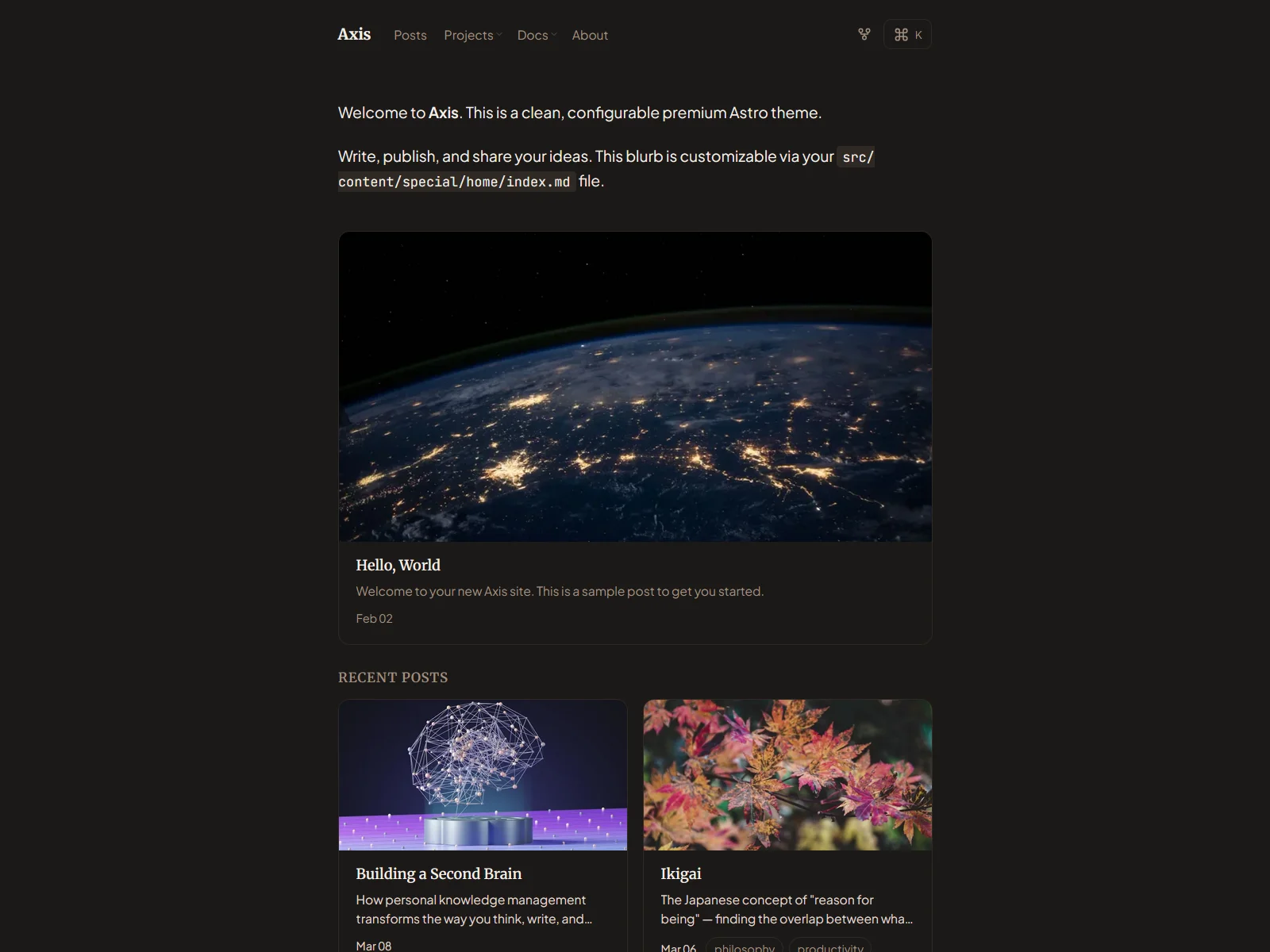 The Axis theme home page in dark mode, with a featured post and recent posts below it
