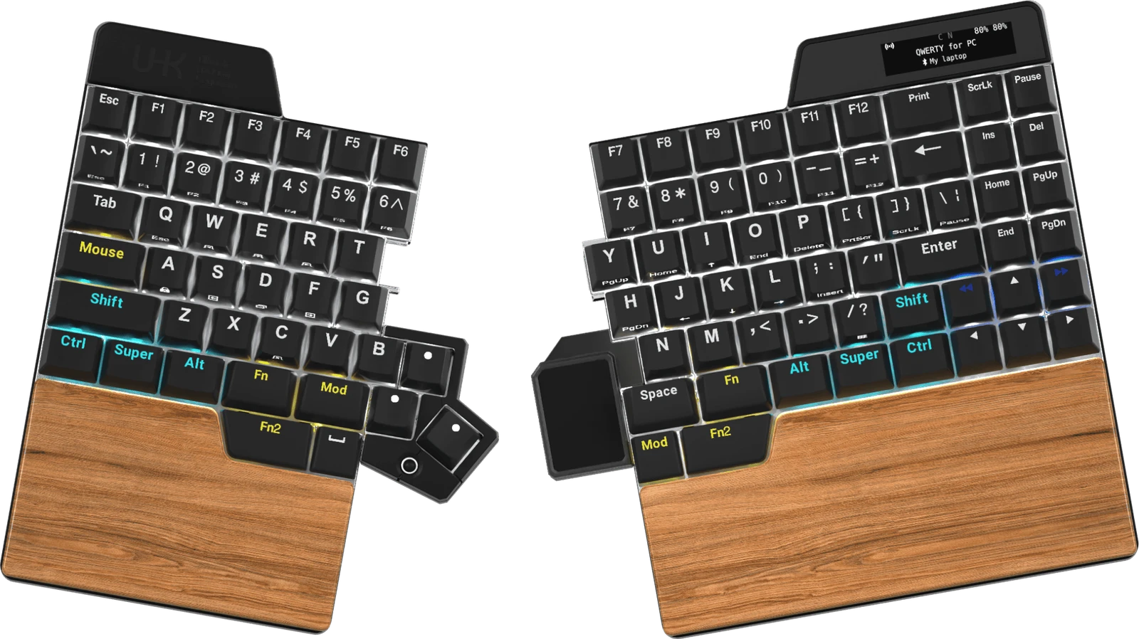 Ultimate Hacking Keyboard 80, both halves with integrated wooden palm rests, key cluster module on the left and touchpad module on the right